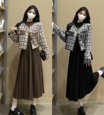 taobao agent Retro demi-season jacket, long dress, set, plus size, French retro style, Chanel style, mid-length