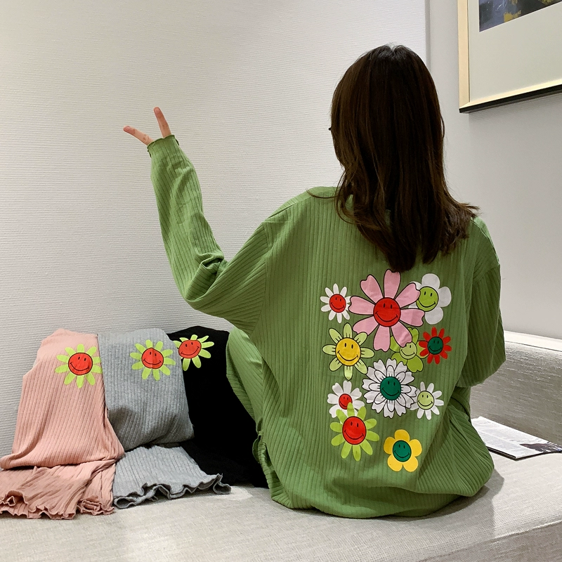 Bộ đồ ngủ cotton hoa cho nữ mùa xuân và mùa thu dài tay dài thanh lịch rộng rãi phù hợp với sinh viên Nhật Bản phù hợp với mùa thu đông - Cặp đôi