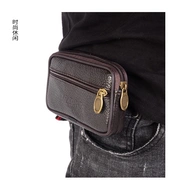 Túi da điện thoại di động nam ngang phong cách treo thắt lưng da đa năng ba lớp khóa kéo ví ngang người cao tuổi