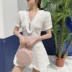 Mùa hè Hàn Quốc phiên bản của gió sang trọng V-cổ mỏng mỏng đơn ngực ngắn tay cao thắt lưng A-line váy đan đầm nữ kiểu đầm xòe A-Line Váy