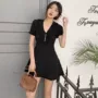 Mùa hè Hàn Quốc phiên bản của gió sang trọng V-cổ mỏng mỏng đơn ngực ngắn tay cao thắt lưng A-line váy đan đầm nữ kiểu đầm xòe