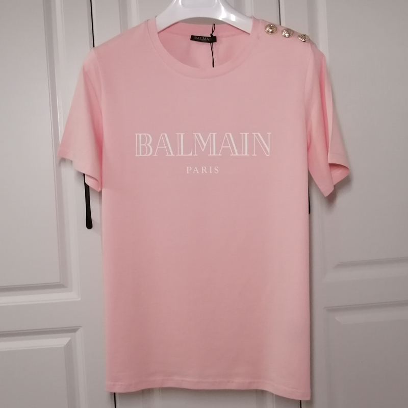 Pink And White2021 Spring and summer new pattern balmain Half sleeve Star of the same style shoulder  Gold clasp gilding letter Short sleeve Balman T-shirt