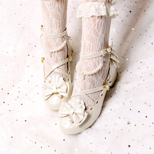 Laser Light Yellow (In Stock)goods in stock dream Mermaid original Lolita solar system Sweet Round head Medium high heel Lolita shell Single shoes female Lo shoes