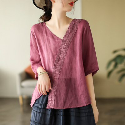 taobao agent Brand light and thin lace top, V-neckline, with embroidery, with short sleeve