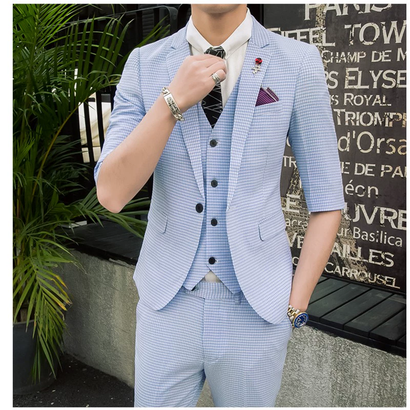 Hàn Quốc đơn ngực mỏng cổ áo tay áo bảy điểm phù hợp với nam phù hợp với nam Retro Dark Stripe Light Blue Blue Tay áo phù hợp với thủy triều - Suit phù hợp