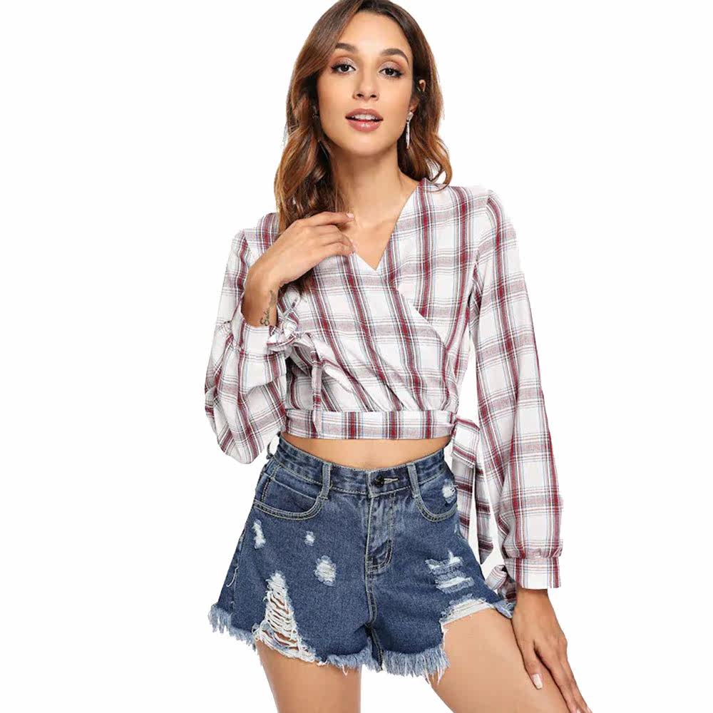 5771#外贸跨境秋冬女装新款亚马逊速卖通系带露脐长袖衬衫女