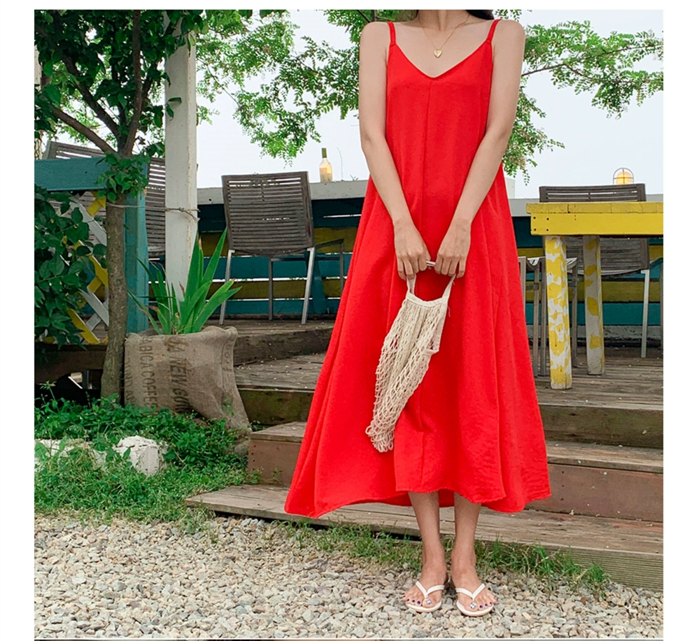 Yanlin 2021 phiên bản mùa xuân và mùa hè mới của Hàn Quốc của chiếc váy dài cỡ lớn dành cho phụ nữ phương thức dài váy dài dây treo màu đỏ lớn - Váy dài