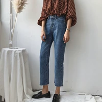 Quê hương đầu mùa thu mới phong cách Hàn Quốc cá tính rách cạnh là mỏng retro jeans nữ hoang dã nửa đàn hồi eo quần quần jean baggy nữ