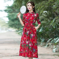 Mùa xuân 2018 phong cách dân tộc retro mới là cotton mỏng và tay áo cổ áo cổ áo khóa bút lớn một chiếc váy dài đầm xòe dài qua gối