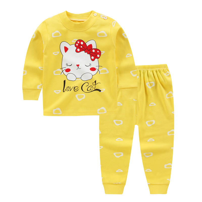 A015 Yellow Catchildren Autumn clothes suit pure cotton Spring and Autumn Children's wear men and women baby Children Autumn clothes Autumn trousers baby pajamas leisure wear