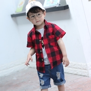 Mùa hè mới trẻ em Hàn Quốc phiên bản của bông bé kẻ sọc áo sơ mi nam và nữ ngắn tay áo mỏng phần nửa tay áo kem chống nắng