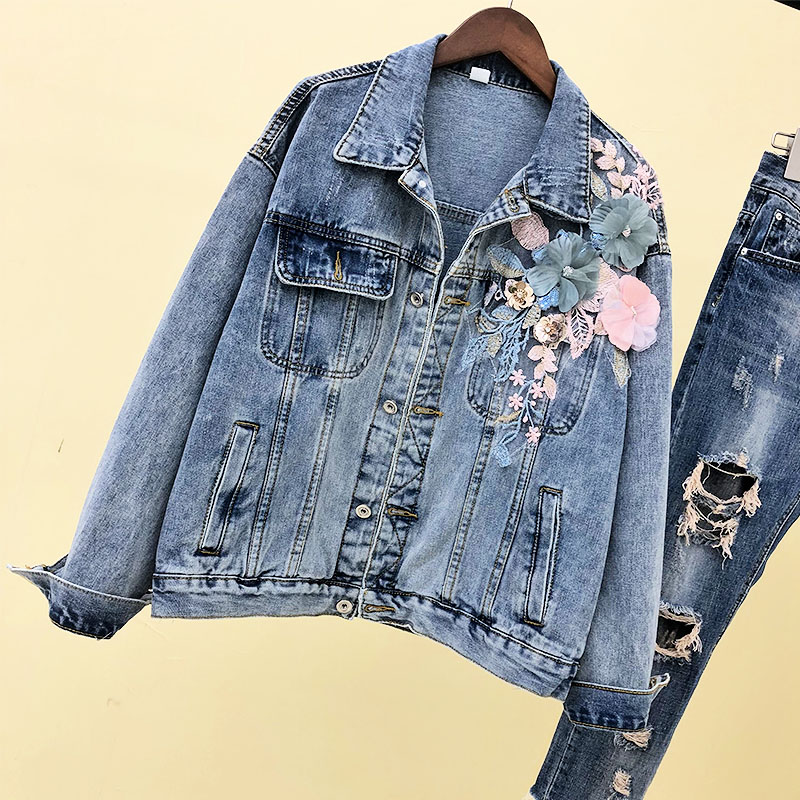 Women's Embroidered Flower Beaded Denim Jacket Casual Biker Jeans Coat Outwear