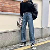 Xuân-Hè 2018 phiên bản Hàn Quốc mới của quần jeans ống lửng cạp cao hoang dã retro là quần ống rộng ống rộng quần nữ thủy triều quần jean rách hàn quốc