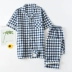 Nhật Bản cổ điển nhỏ lưới đôi đồ ngủ cotton đôi gạc dịch vụ nhà ngắn tay quần cardigan lỏng và thoải mái - Cặp đôi Cặp đôi