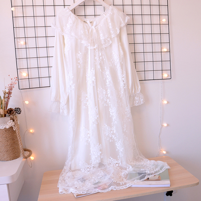 春夏季白色加长睡裙长袖睡衣女甜美宫廷蕾丝花边网纱纯棉连衣裙子