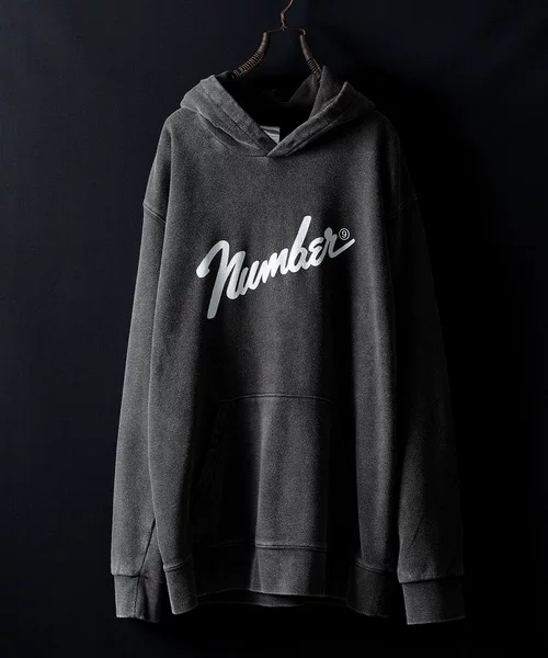Худи (Number (N)ine) 23AW винтажная стирка, 100% хлопок, треснувший логотип, свободный крой
