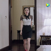 Ấm tình yêu Tần Ying Su Huo Jiang Yi với cùng một đoạn màu đen và trắng ren khâu thời trang Mỏng cung ngắn tay đầm 	váy giấu eo	