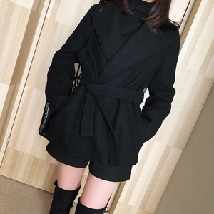 Mùa đông Hàn Quốc phiên bản của áo len ngắn sang trọng đoạn ngắn lớn ve áo thắt lưng áo len dày màu đen áo khoác dạ nữ hàn quốc